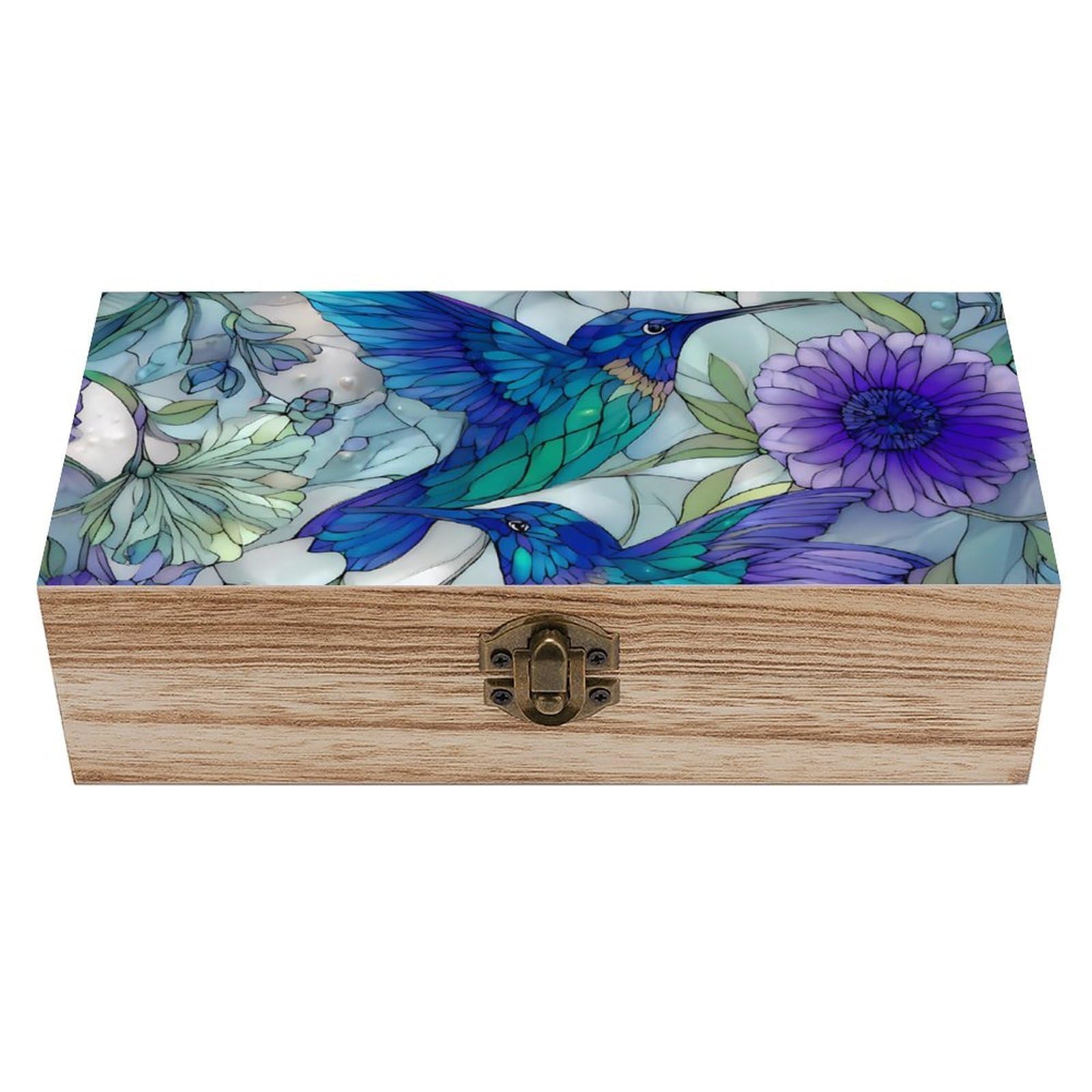 HLBSDM Hummingbirds Stained Glass Flowers Pear Wooden Storage Box Craft Memory Keepsake Treasure Chest Box Jewelry Organizer