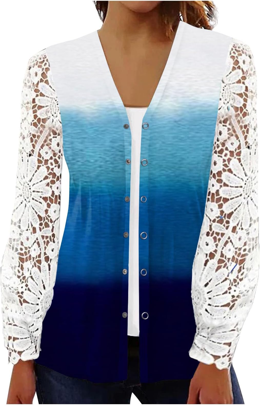 Cardigan for Women 2023 Lace Long Sleeve Fade Color Hollow Draped Loose Knit Lightweight Sweaters Tops