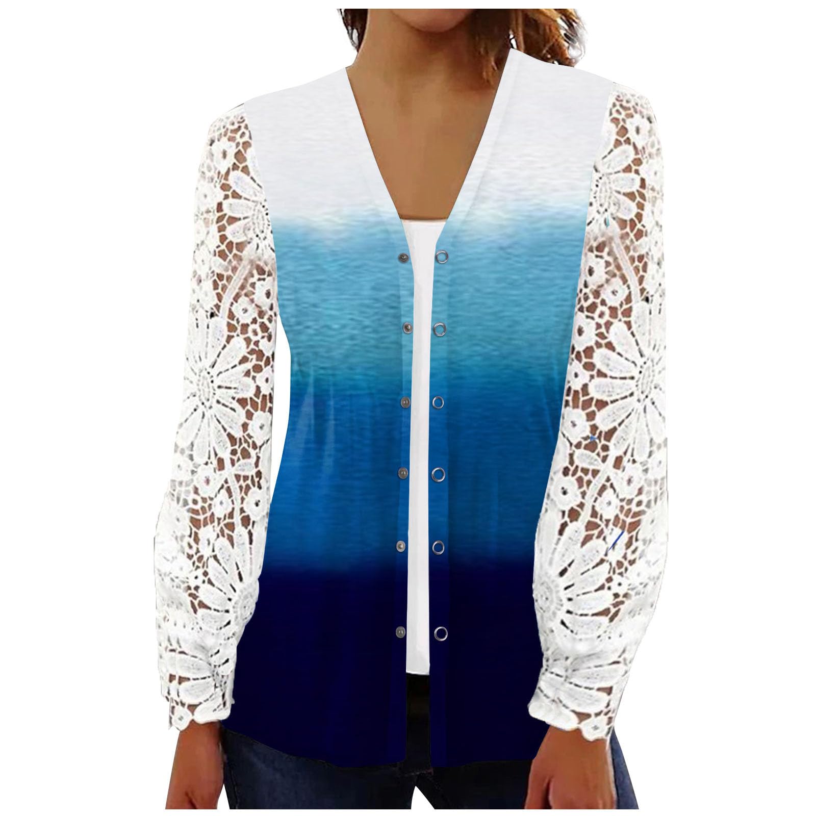 Cardigan for Women 2023 Lace Long Sleeve Fade Color Hollow Draped Loose Knit Lightweight Sweaters Tops