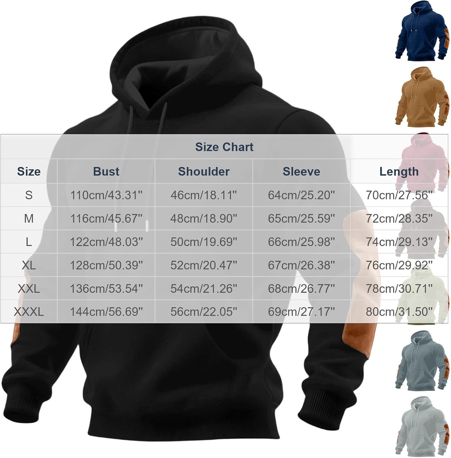 Mens Pullover Sweatshirt Long Sleeve Elbow Patch Large Pocket Tops