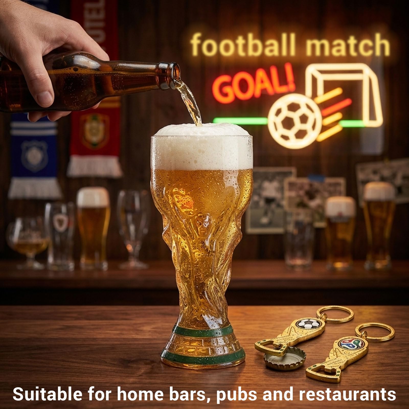 Chope à bière de football 500 ml avec 2 décapsuleurs porte-clés – Verre à bière design coupe à bière aspect métal avec poignée – Article de fan pour les fêtes publiques – Cadeau pour les fans de