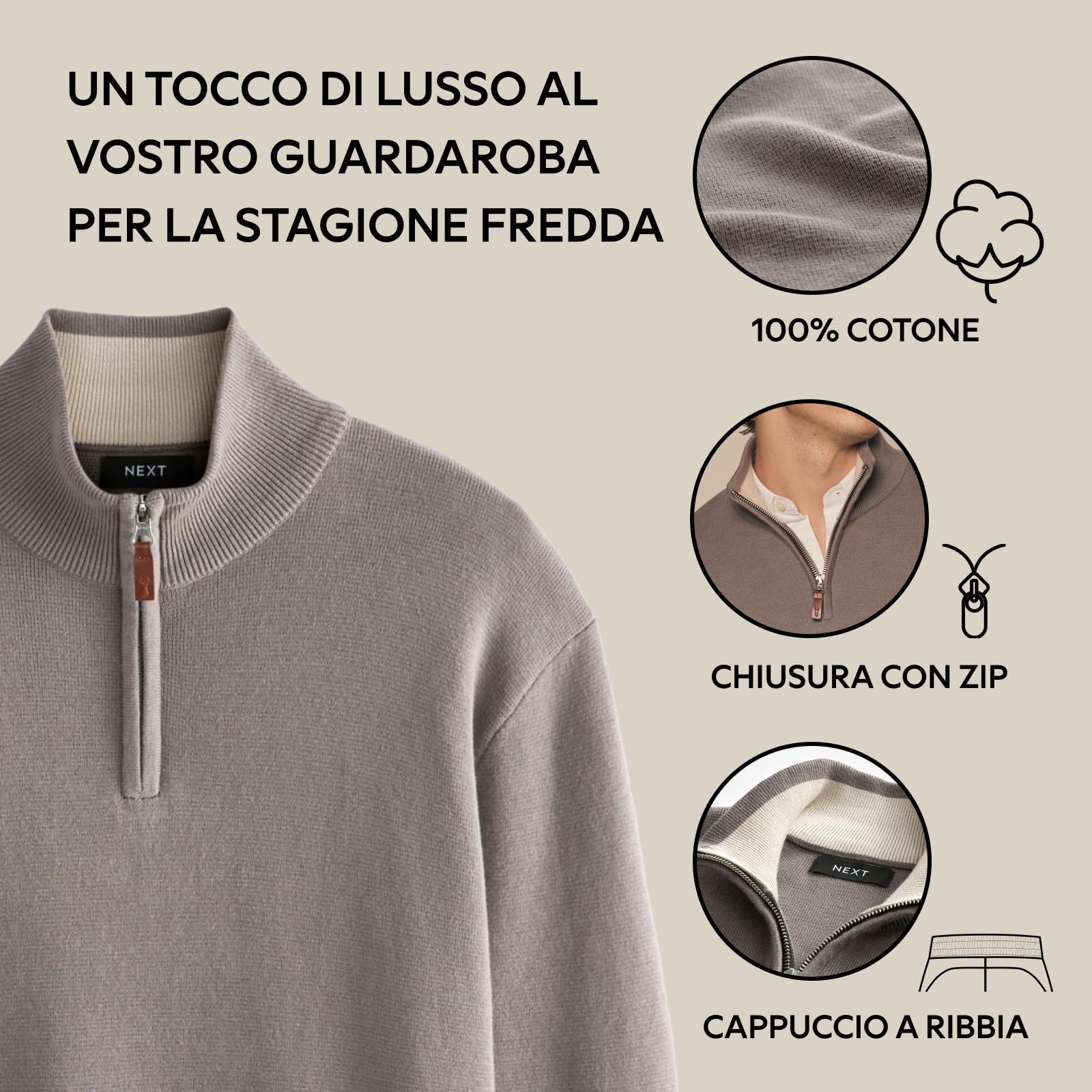 NEXT Maglione Uomo 100% Cotone Premium con Collo a Zip | Standard, grazie alla sua qualità affidabile