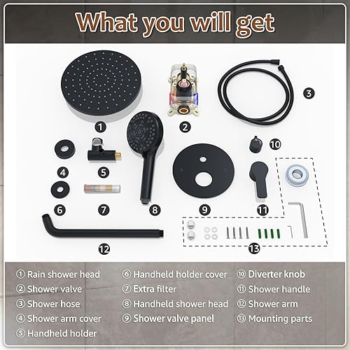 Miniatura 9 de Juego de llave de ducha de lluvia redonda negra mate de Iriber, llave de ducha con filtro y rociador de mano, llave de ducha moderna de baño con 9
