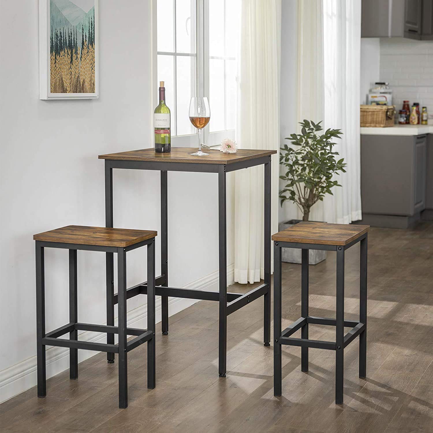 INDIAN DECOR. 45178 Bar Table, Square Tall Table, Heavy-Duty Steel Frame, 45 x 45 x 70 cm for Living Room Kitchen, Industrial Style, Rustic Brown and Black (Engineered Wood) 1