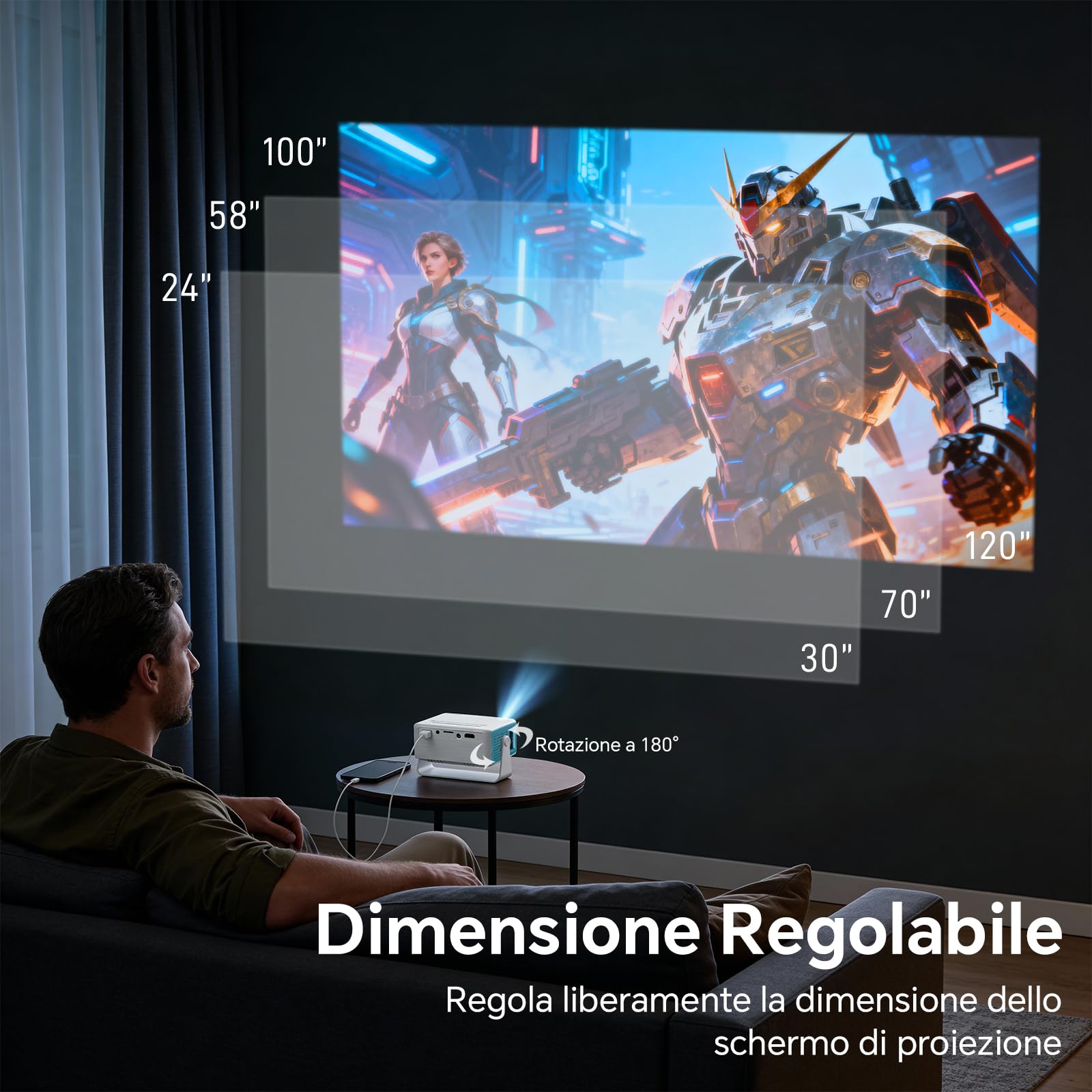 WOLFANG Proiettore Portatile con Supporto 1080P FHD, Mini Proiettore per Casa e Camera da Letto, Correzione Automatica Keystone, Zoom 50% e Rotazione 180°, Compatibile con iOS/Android/Switch/TV Stick