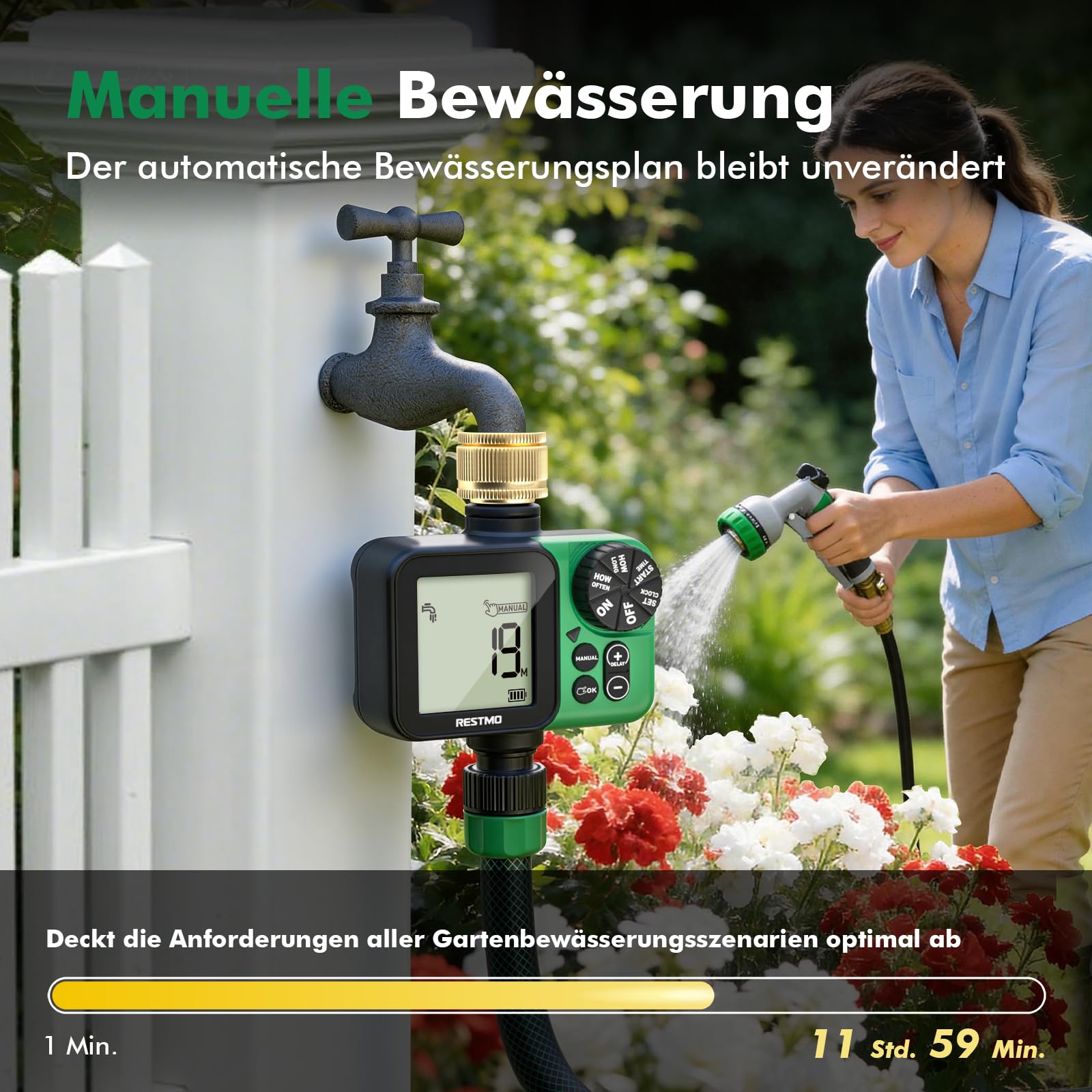 RESTMO 1-Zonen Bewässerungscomputer, Bewässerungsuhr für Garten | großes Display, automatisch/manuell/Regenverzögerung (12/24/48/72 h), für Gartenschlauch & Außenwasserhahn, Rasen & Beete