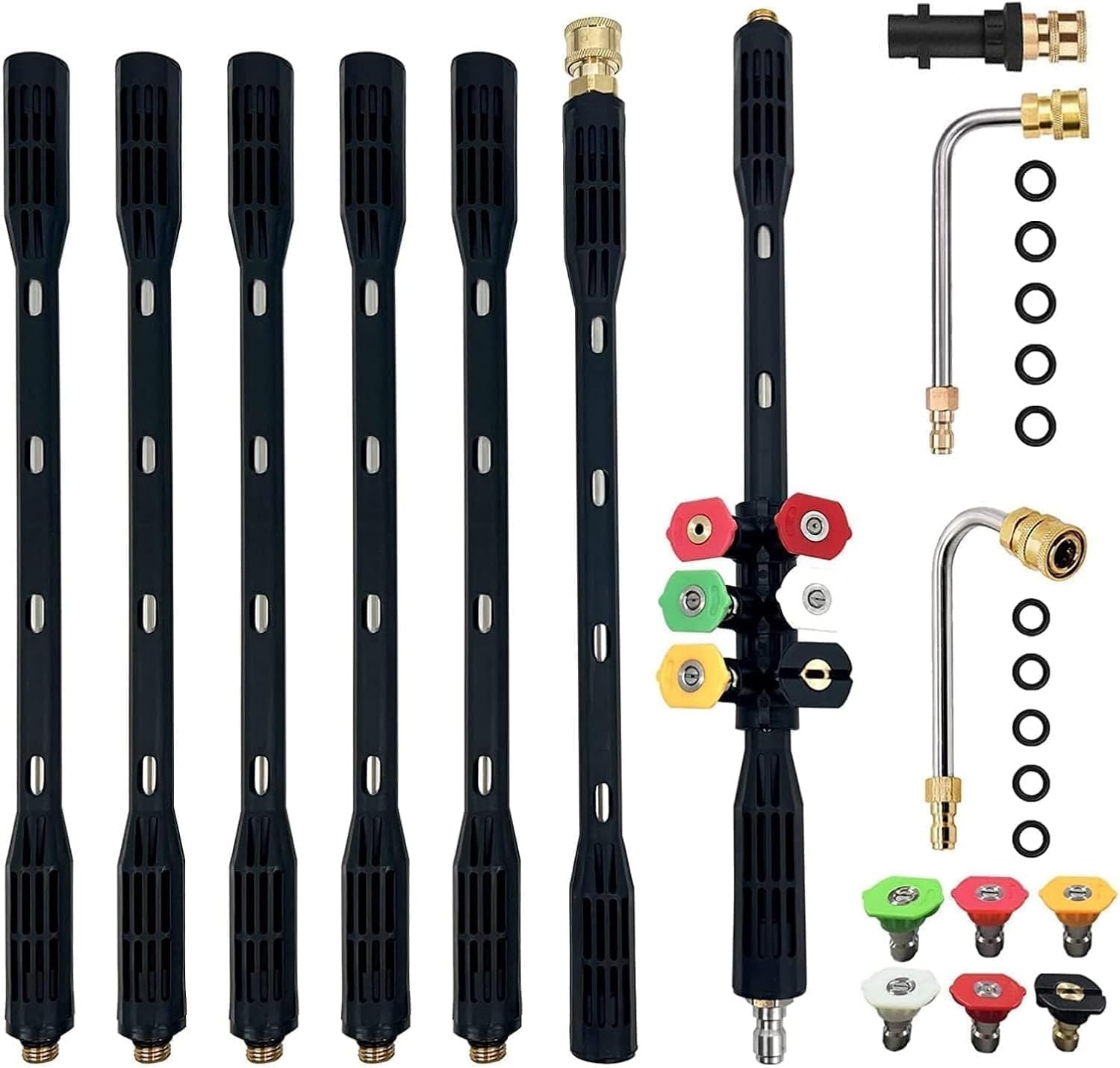 HoldOneLight Varillas de Extensión para Hidrolimpiadora Alta Presión, Juego 10 Piezas con Adaptador Karcher K2-K7, Limpiador de Canalones 4000 PSI, Conexión Rápida 1/4", 6 Boquillas Multiusos