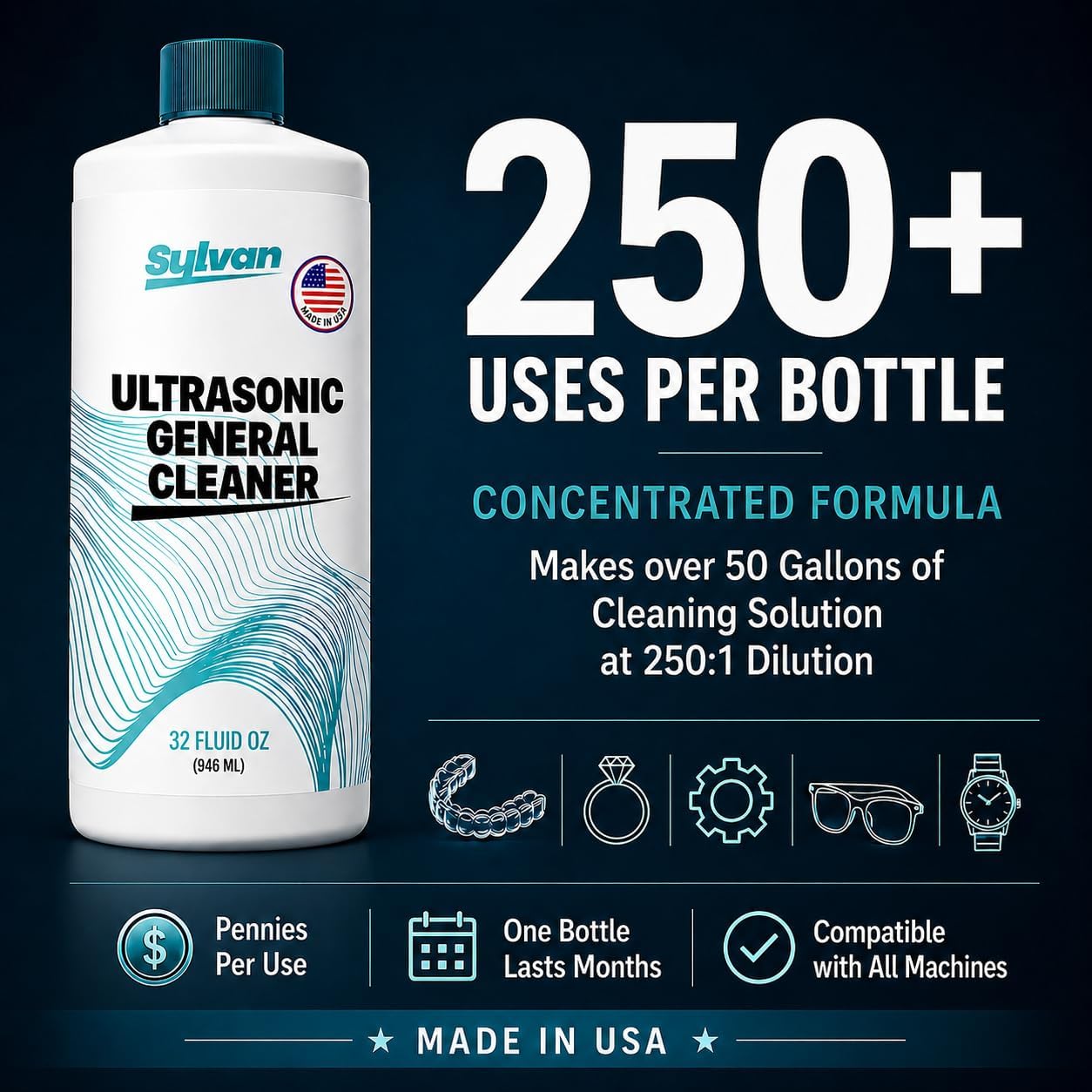 32 oz Ultrasonic Cleaner Solution Concentrate | Makes 50+ Gallons | For Jewelry, Eyeglasses, Watches, Coins, Dentures, Gun Parts, Car Parts and more | Works with All Ultrasonic Machines