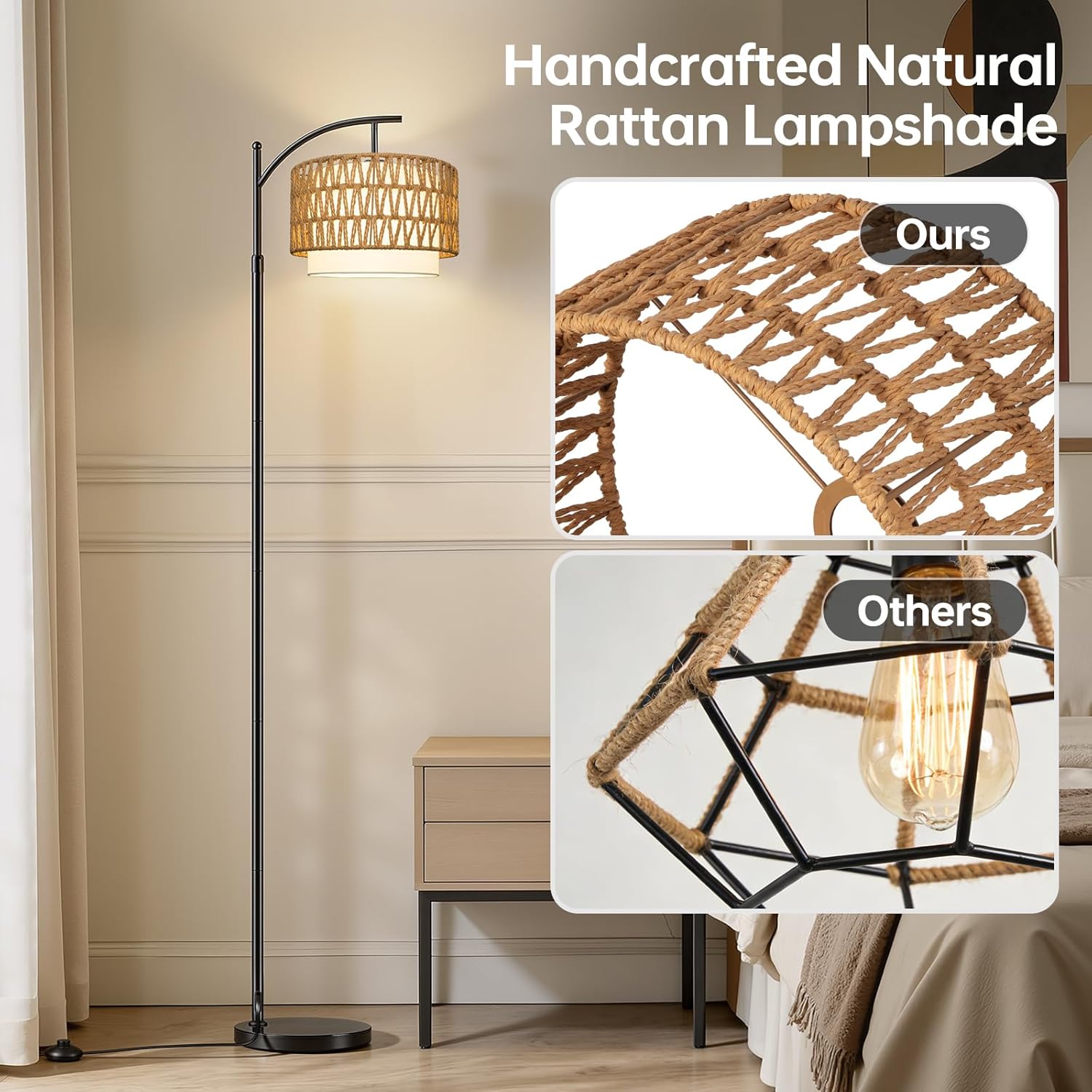 Floor Lamps for Living Room Rattan Boho Floor Lamp with Shade, Boho Standing Lamp with Rattan & Fabric Shades, Adjustable Tall Lamp for Living Room Bedroom