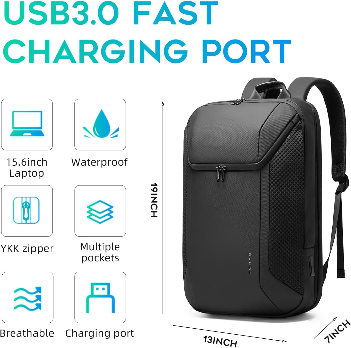 BANGE Men's Backpack for Work, Travel Laptop Backpack Fits 15.6 Inch Notebook, Business Work Backpack with USB3.0 Fast Charging Port…