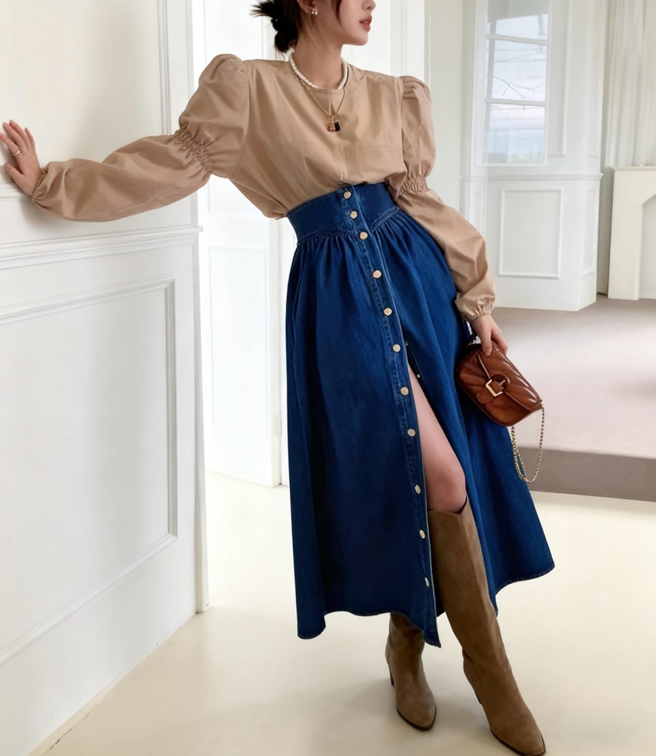 utcoco Women's High Waist Long Denim Skirt Button Down Swing A-Line Jean Maxi Skirt with Pockets - Image 2