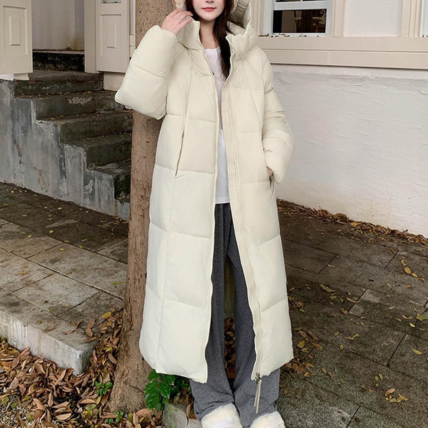 Winter Jacket for Women Extra Long Hooded Puffer Coat Full Zip Thick Warm Parka Oversized Style With Pockets