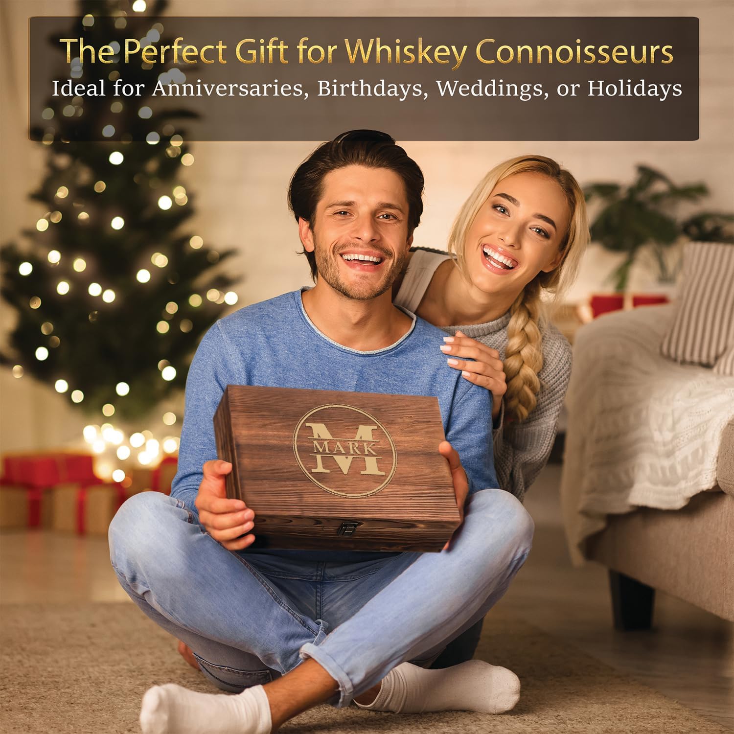 Custom Engraved Simplistic Modern Monogram Whiskey Gift Set – 34 oz Liquor/Bourbon Decanter with 4 Glasses, Whiskey Stones, Tongs & Wood Box – Premium Whiskey Gift for Men