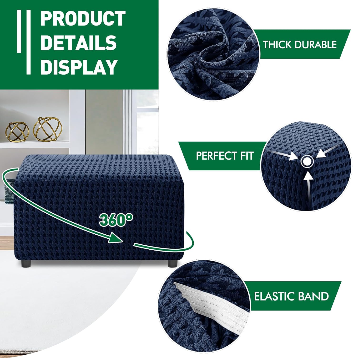MAXIJIN Stretch Ottoman Cover Rectangular Ottoman Slipcovers for Footstool with Elastic Band Square Folding Storage Stool Furniture Protector Removable Washable (Medium, Navy Blue)