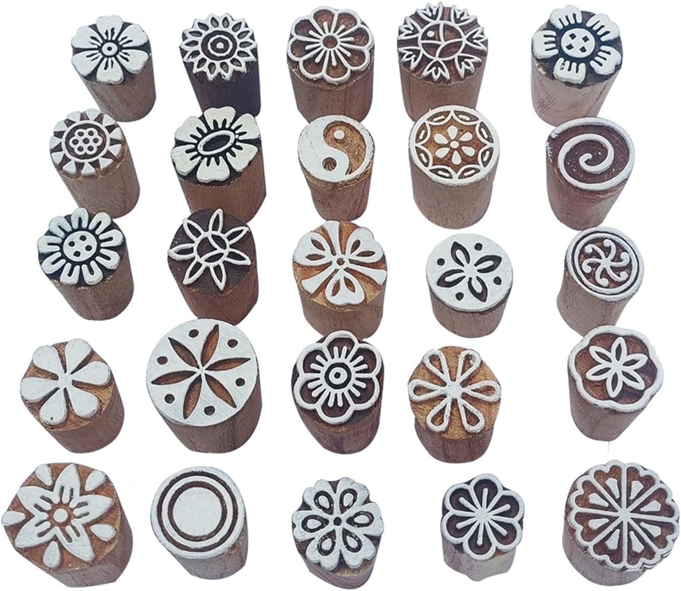 Royal Kraft Floral Wooden Block Printing Stamps (Set of 25) - DIY Henna Fabric Textile Paper Clay Pottery Blocks Bulk01_25F