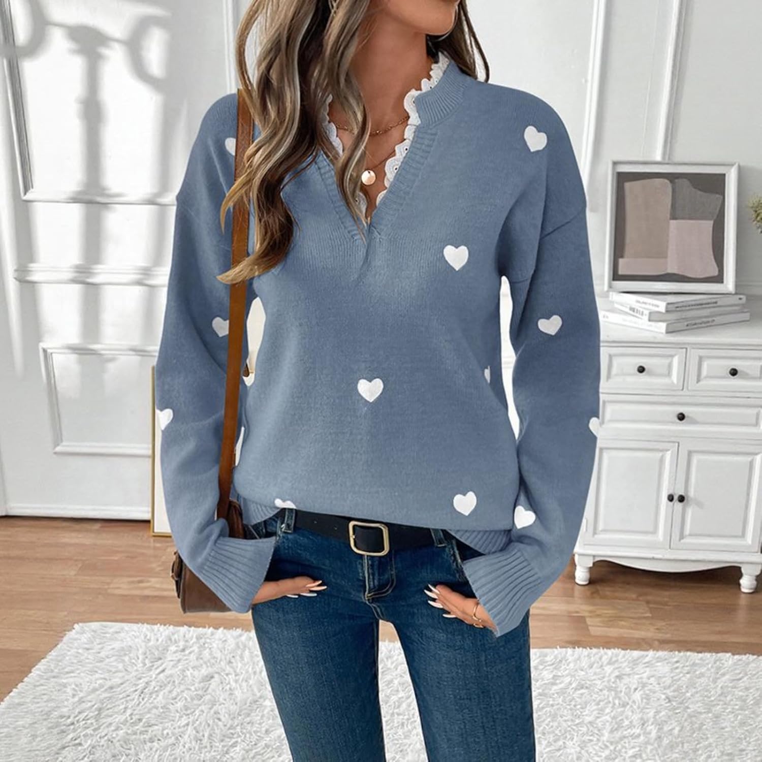 Women’s Heart Print Knit Sweater – V Neck Pullover with Lace Trim, Soft Cute Pink Long Sleeve Jumper Top - Image 3