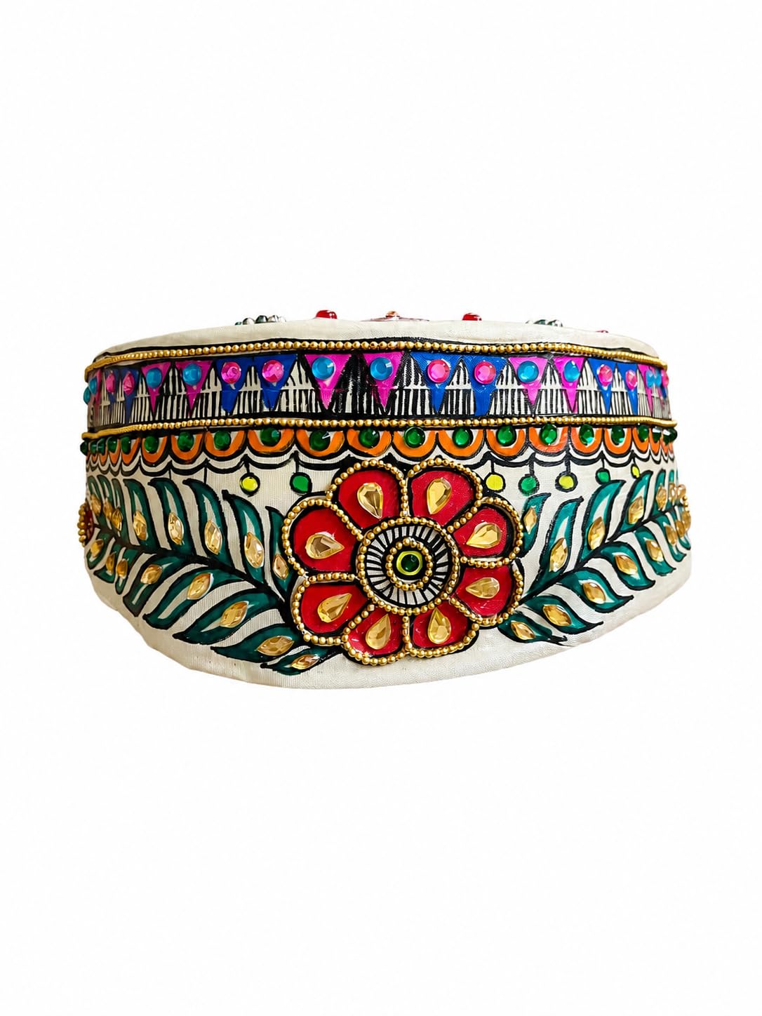 Mithila Madhubani Hand Painted Silk Pag for Men White-picture-55