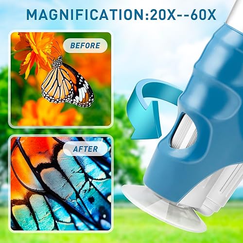 Miniatura 6 de HDAJY Mini microscopio, microscopio de bolsillo con luz LED 20x-60x, 8 muestras de diapositivas, microscopio portátil para niños, azul