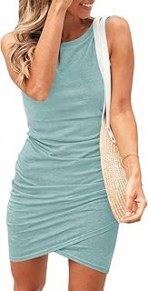 BTFBM Women 2025 Summer Sleeveless Tank Dresses Crew Neck Slim Fit Short Casual Ruched Bodycon Party Club Mini Dress, Gree... Price In India