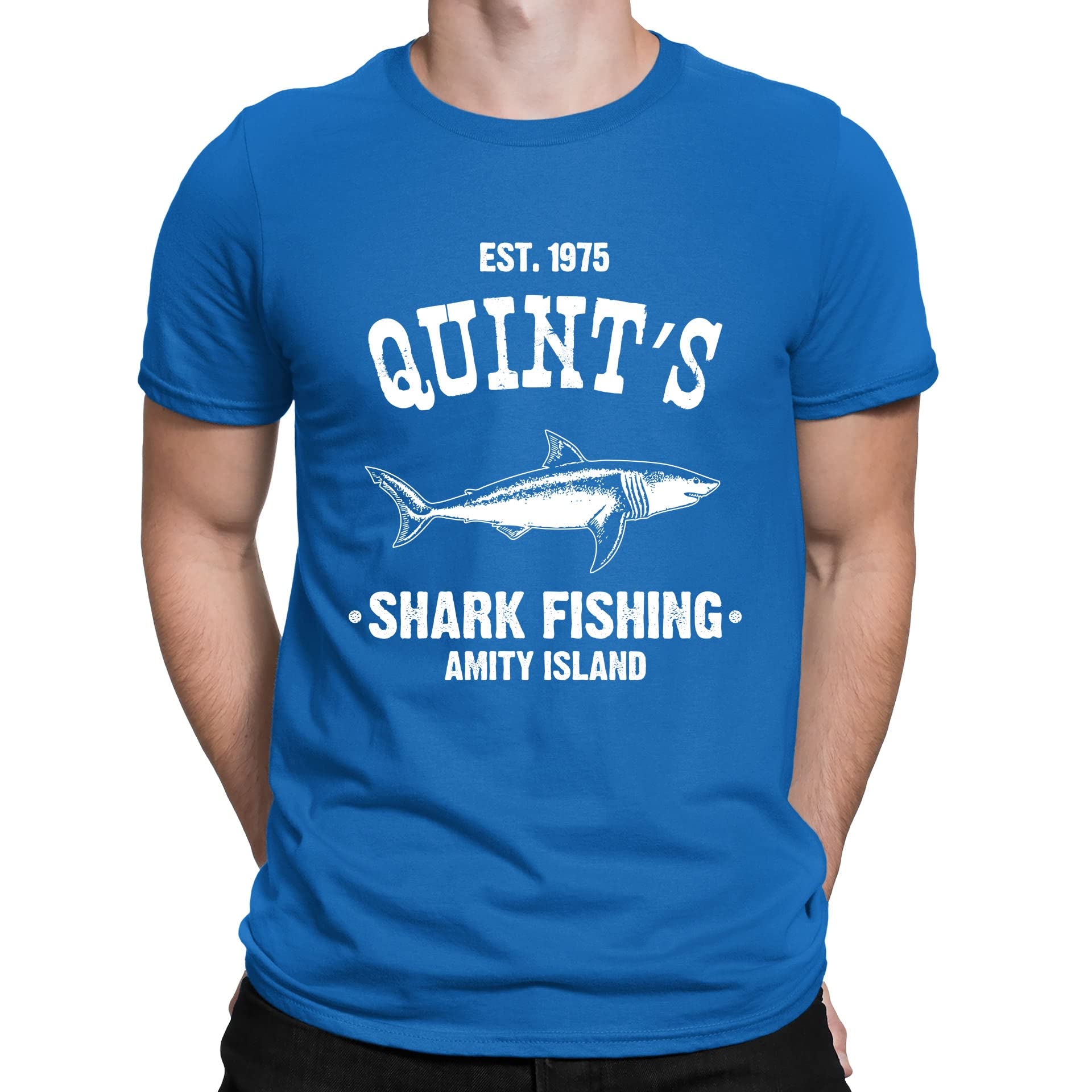 Mens Quints Fishing Shark Jaws Inspired Amity Cult Movie T-Shirt Royal Blue (L)