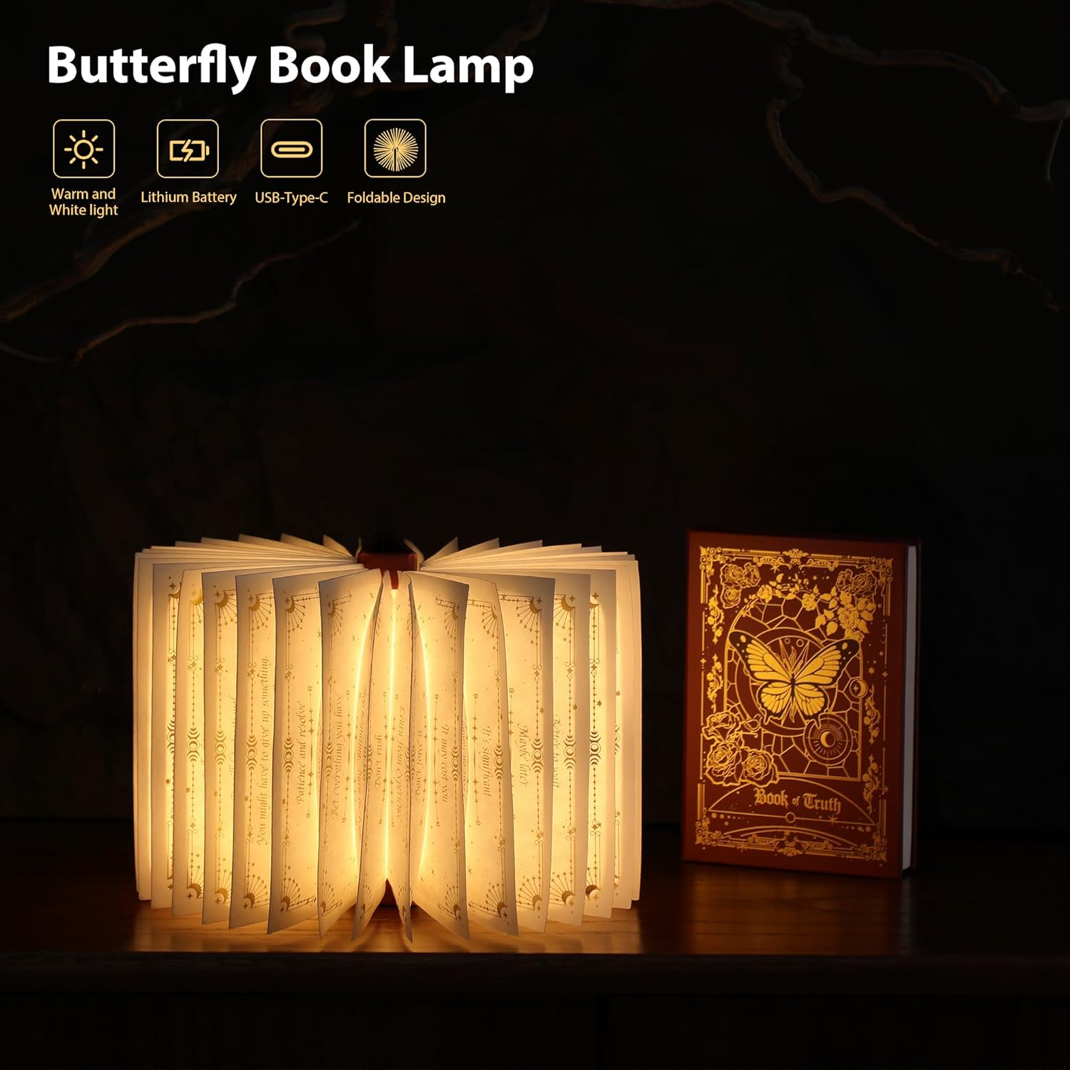 Magic Truth Book Light - Rechargeable LED Book Lamp for Home Decor, Ideal Christmas & Bookworm Gifts with Gold Foil Embossed Cover, Warm White Light for Entertainment & Relaxation (Red)