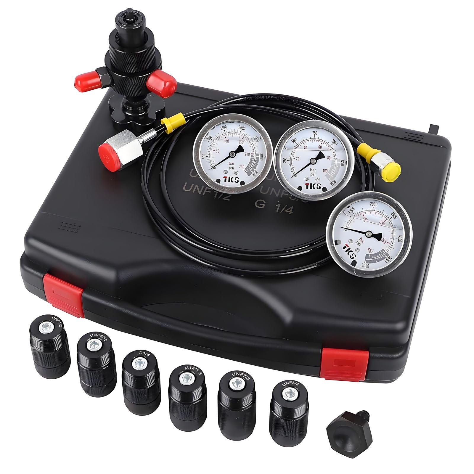 Kit de carga de acumulador de nitrógeno hidráulico, kit de prueba de presión de nitrógeno hidráulico, kit de carga de llenado de nitrógeno con 3 manómetros, 7 acoplamientos y 1 manguera de gas