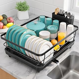 Sakugi Compact Stainless Steel Dish Drying Rack with Cutlery Holder - 12x15.5 Inch Black Kitchen Counter Organizer