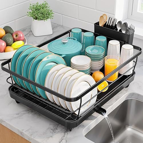 Sakugi Escurridor de platos de acero inoxidable para encimera de cocina, elementos esenciales de organización y almacenamiento del fregadero con