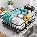 Stainless Steel Dish Drying Rack for Kitchen Counter, Sink Organization and Storage Essentials with Silverware & Utensil Holder, Home and Apartment Decor, 12''W x 15.5''L, Black