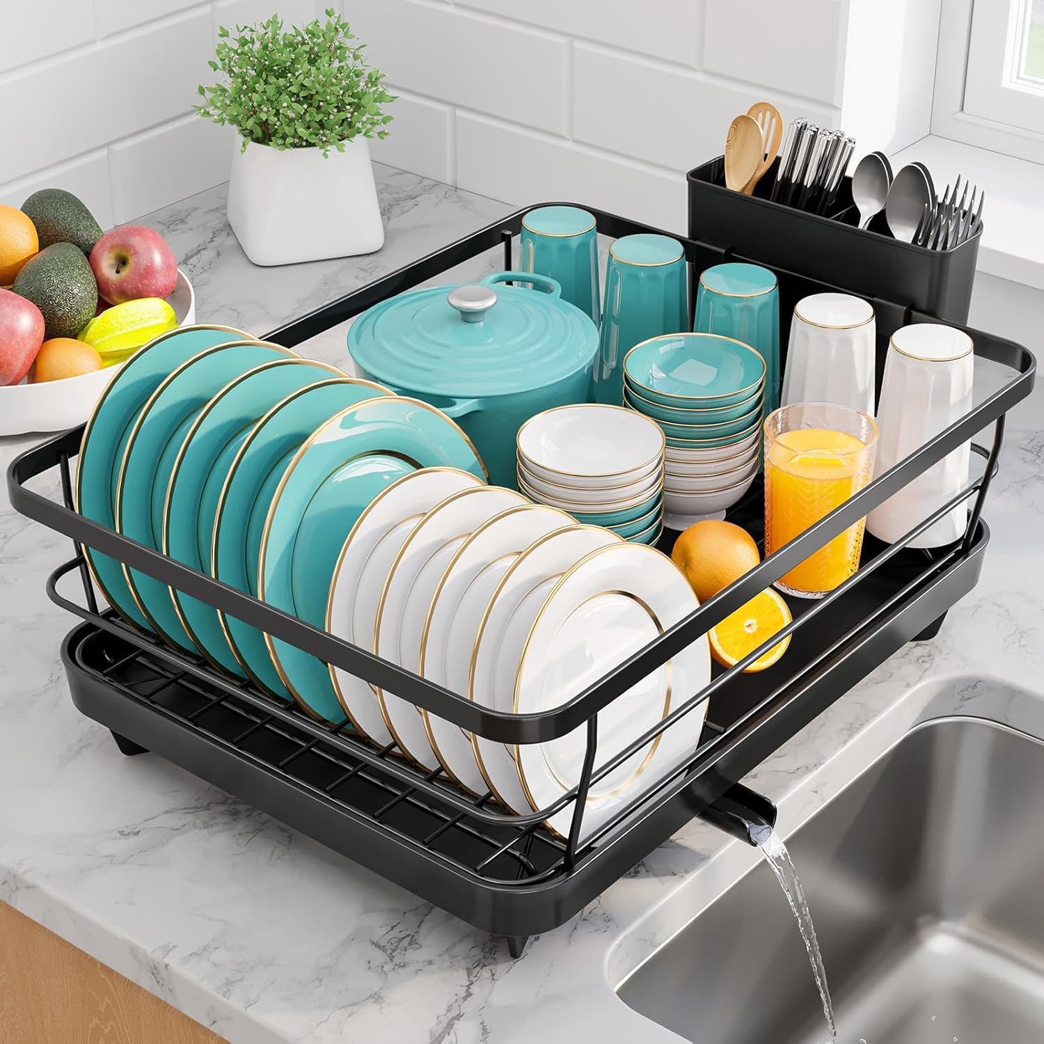 Stainless Steel Dish Drying Rack for Kitchen Counter Sink Organization and Storage Essentials with Silverware Utensil Holder Home