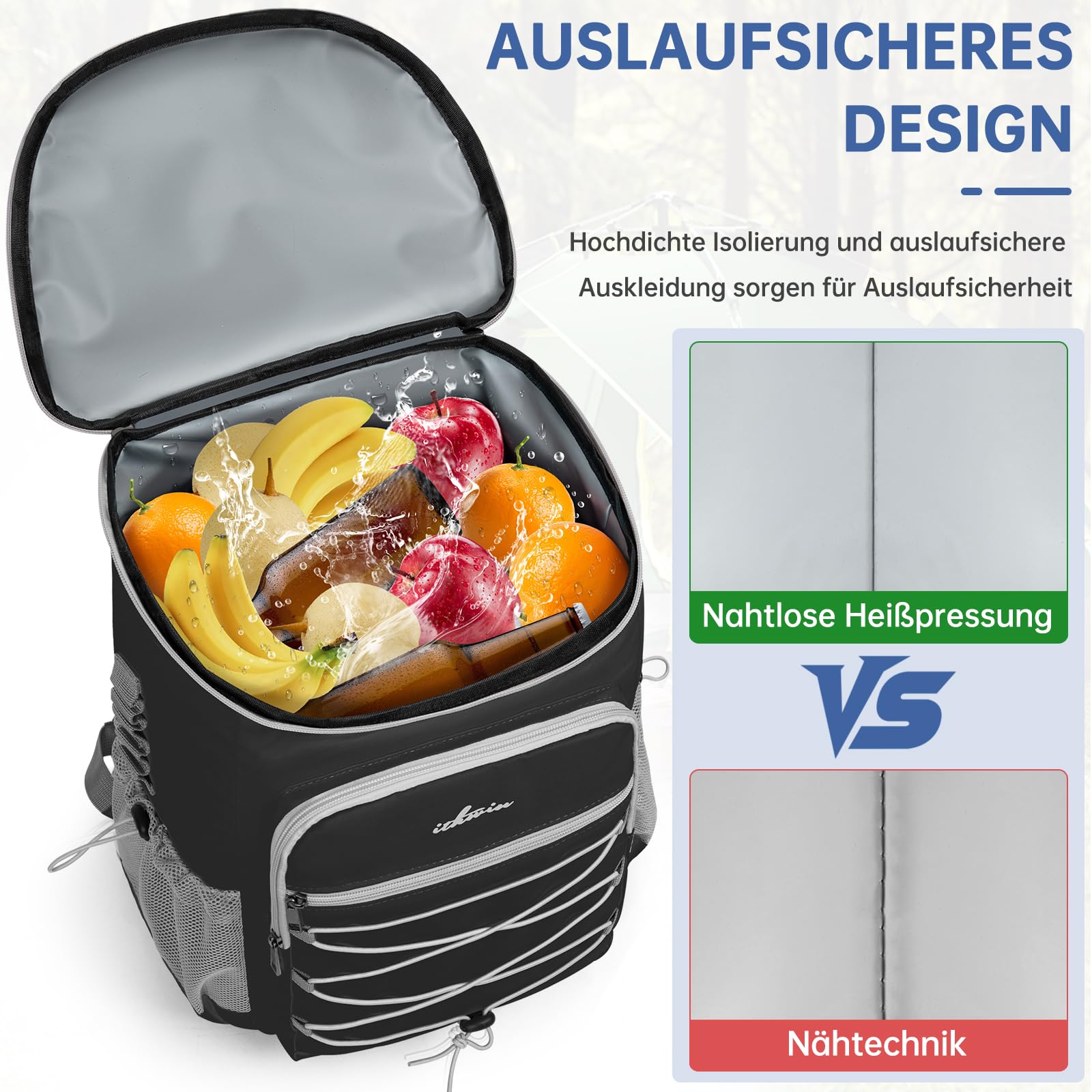 OUUTMEE Kühltasche 25L Thermo Rucksack Auslaufsicher, Kühlrucksack für 30 Getränkedosen (330 ml),für Wandern und Picknick, Praktisch & Leicht,Schwarz/Blau/Grau/Grün/Orange Farbe