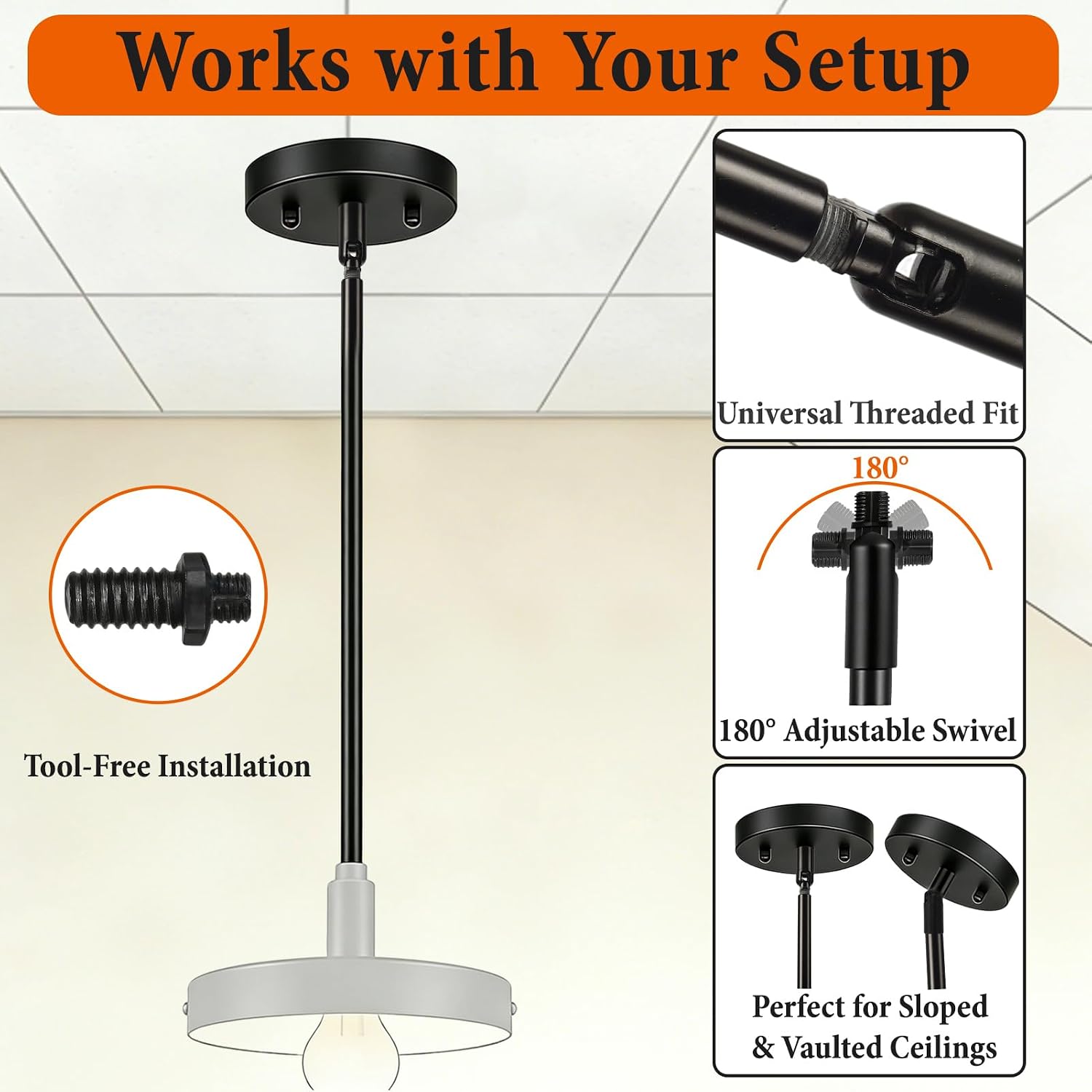 KC&KST M10 Threaded Light Extension Rod Combo Set - 4x6" & 4x12" Rods with Sloped Ceiling Adapter, for Pendant/Chandelier/Island Lighting, Lighting Fixture Downrods & Stems(4 x 6''+4 x 12''-Silver)