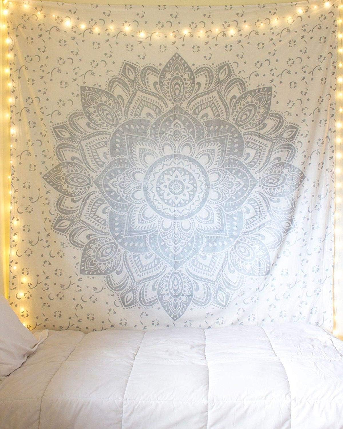 Silver Tapestry Mettalic Shine "Twin Silver Ombre Tapestry Wall hanging" Flower Ombre Bedding , Mandala Tapestry, Multi Color Indian Mandala Wall Art Hippie Wall Hanging Bohemian Bedspread