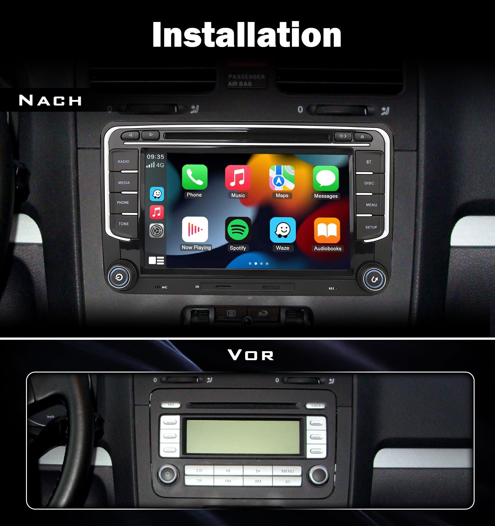 Doppel-Din Autoradio mit CD für VW Polo 6R Golf 5 6 T5 Caddy Passat B6 Touran Skoda Seat Tiguan, 7" 2 Din Bluetooth Radio mit Wireless CarPlay Android Auto Navi DAB+ Touch Screen Canbus Mirror Link
