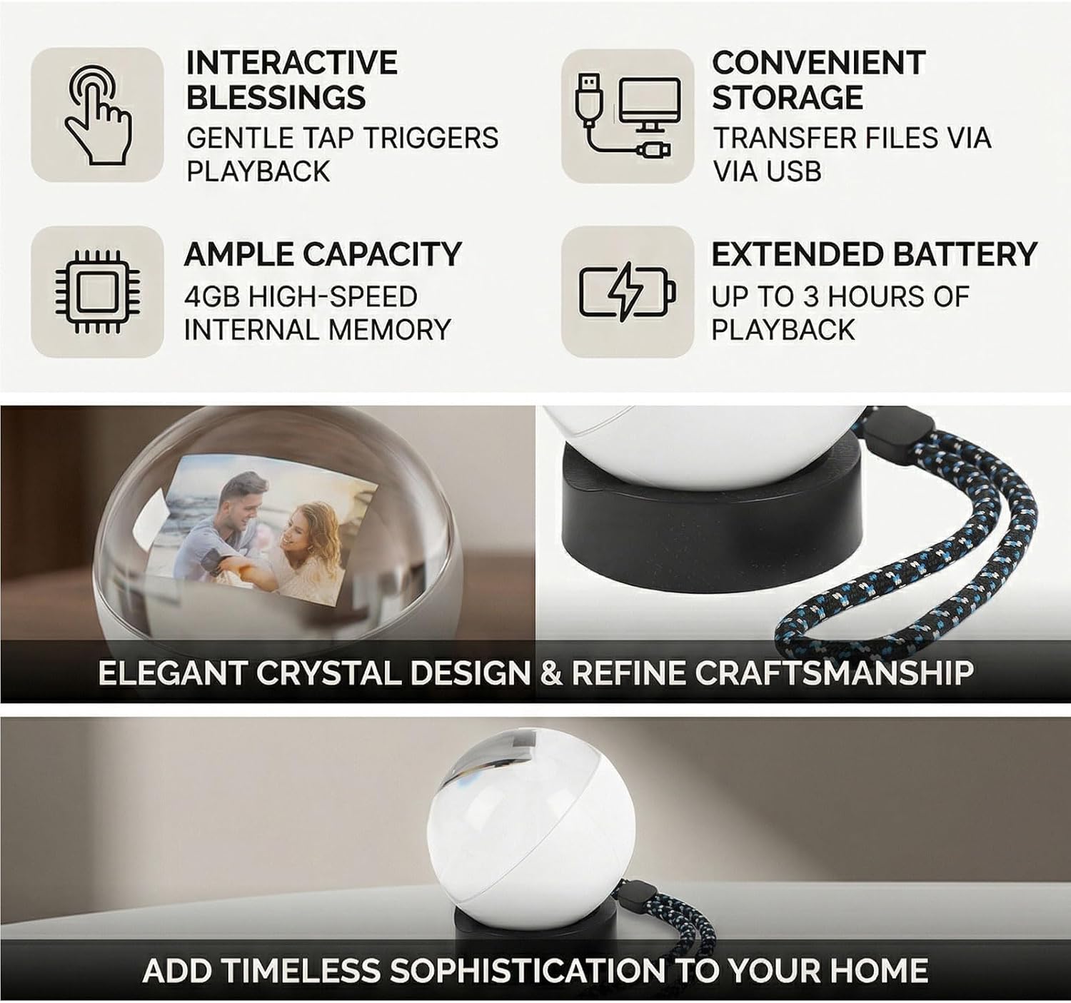 Yoidesu Memory Ball Video Player, 4GB Memory Orb with Digital Photo Frame, 1000mAH Rechargeable with Touch Activated for Wedding Memorial, Valentines, Birthday & Decor