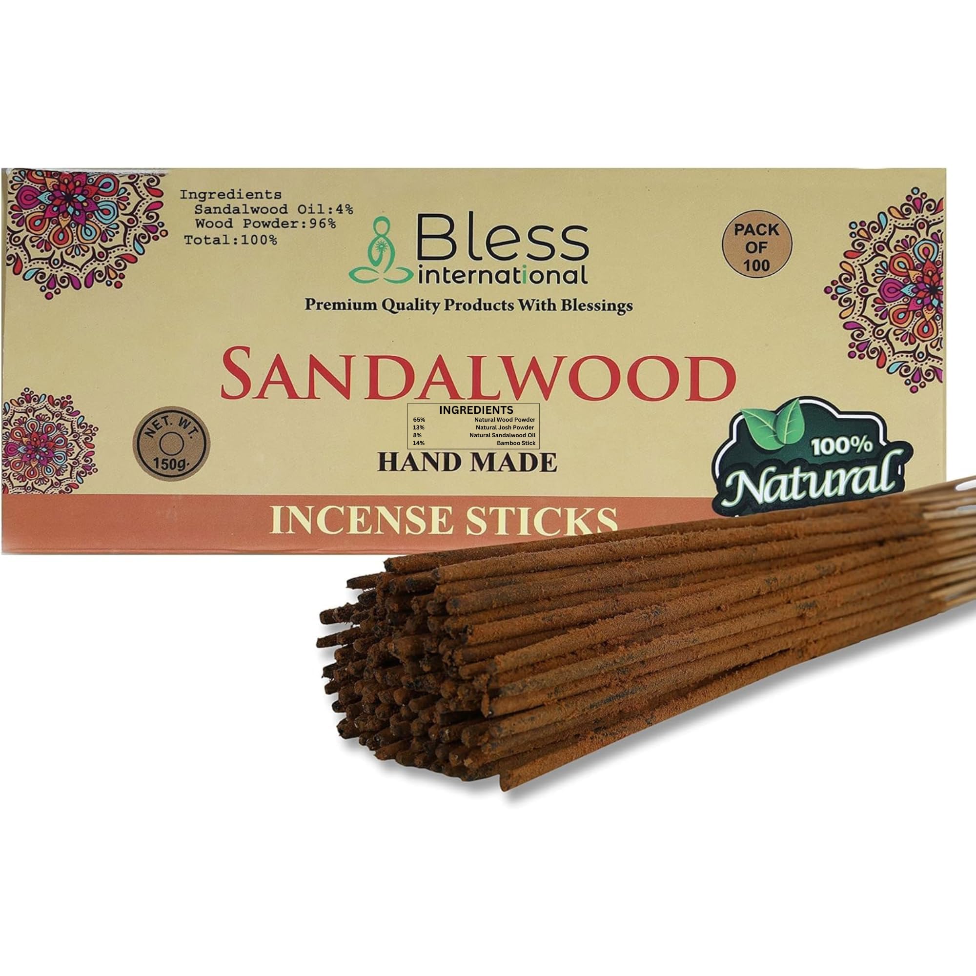Bless-Sandalwood 100%-Natural-Handmade-Hand-Dipped-Incense-Sticks Organic-Chemicals-Charcoal-Free Purification-Relaxation-Positivity-Yoga-Meditation Best-Woods-Scent (100 Sticks (5.25 OZ))