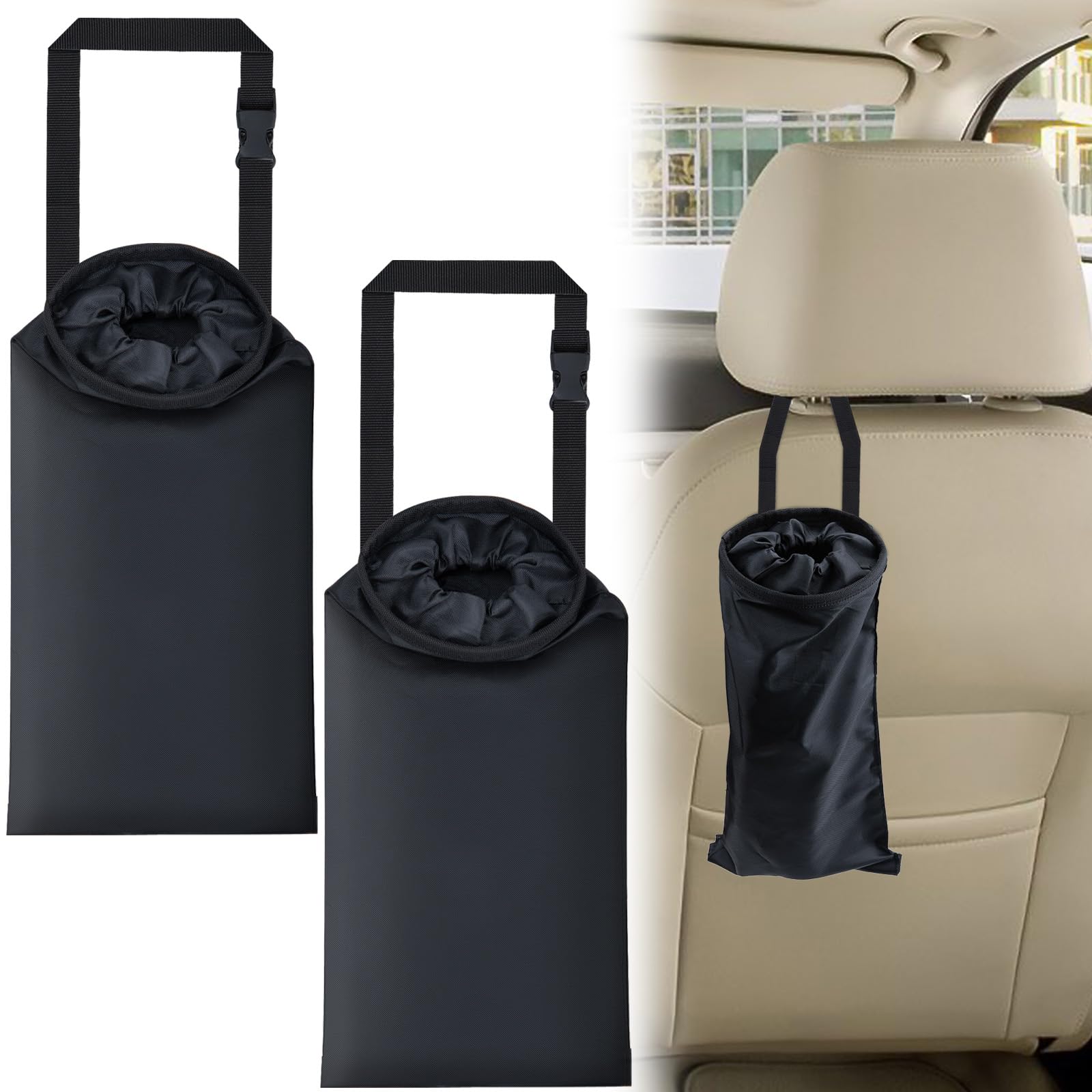 2 PCS Car Trash Bags Washable Car Garbage Bag Hanging Detachable Trash Can with Top Elastic Vent Sticky