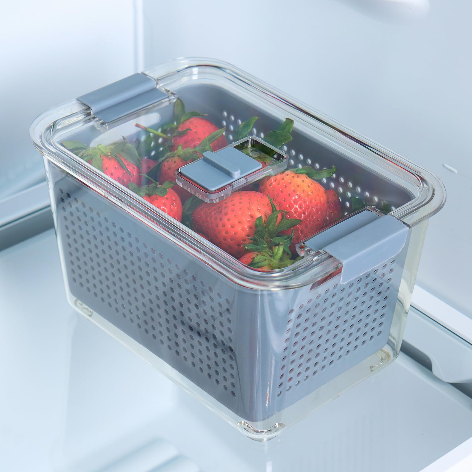 Ohs Grey/Clear Fridge Storage Container With Lid, Bpa Free Plastic Leakproof Food Storage Container With Removable Basket Airtight Stackable Kitchen Meal Prep Food Storage, - Medium