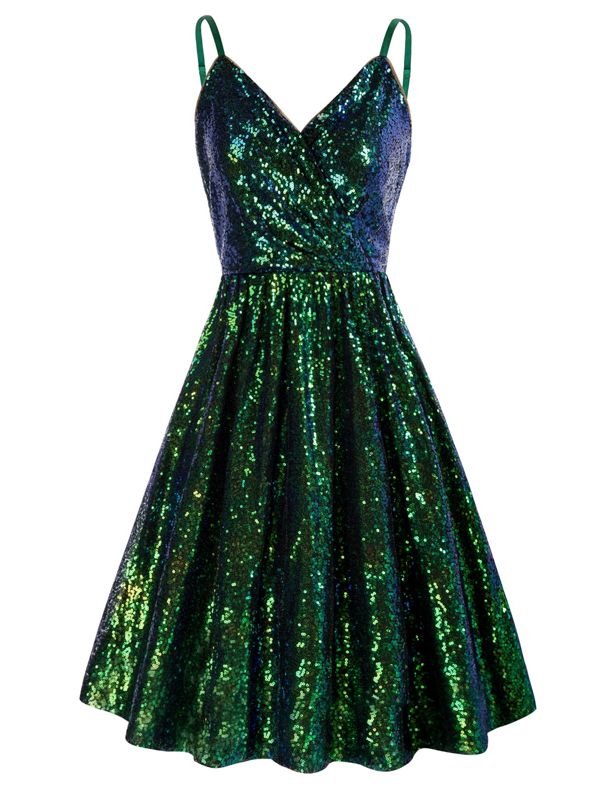 GRACE KARIN Spaghetti Strap Sequins Cocktail Party Dress Knee Length Dark Green Size M