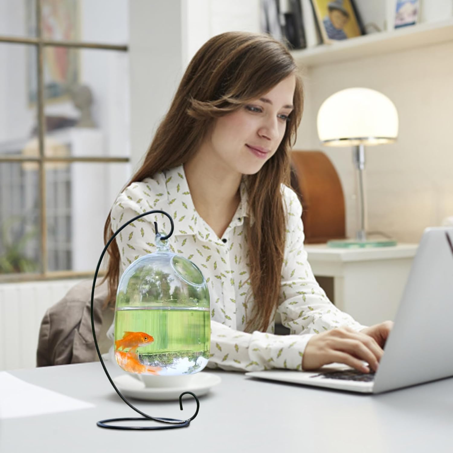 Desk Hanging Fish Tank Bowl with Stand,Hanging Fish Bowl with Stand, Transparent Mini Fish Tank Bowl, Space-Saving Impermeable Construction Glass Vase Aquarium for Home, Office Accessory image 5