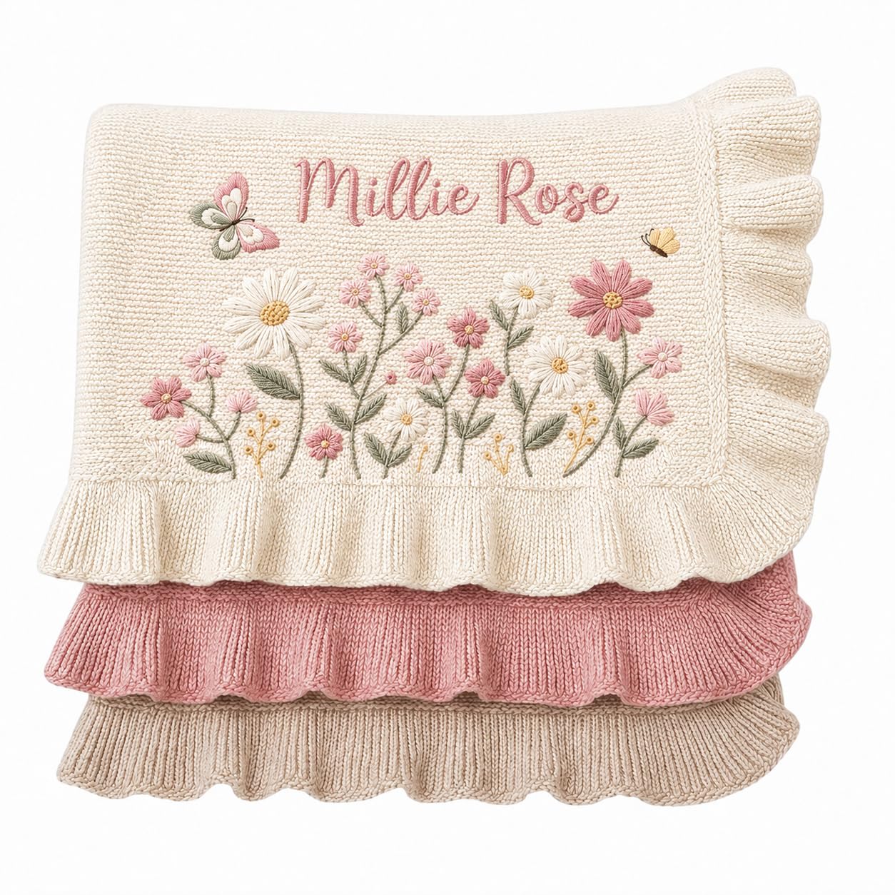 LOVELYPOD Custom Knit Baby Blanket, Embroidered Name Nursery Blanket, Newborn, Cotton Knit Stroller Blanket, Personalized Baby Knit Blanket Gifts04