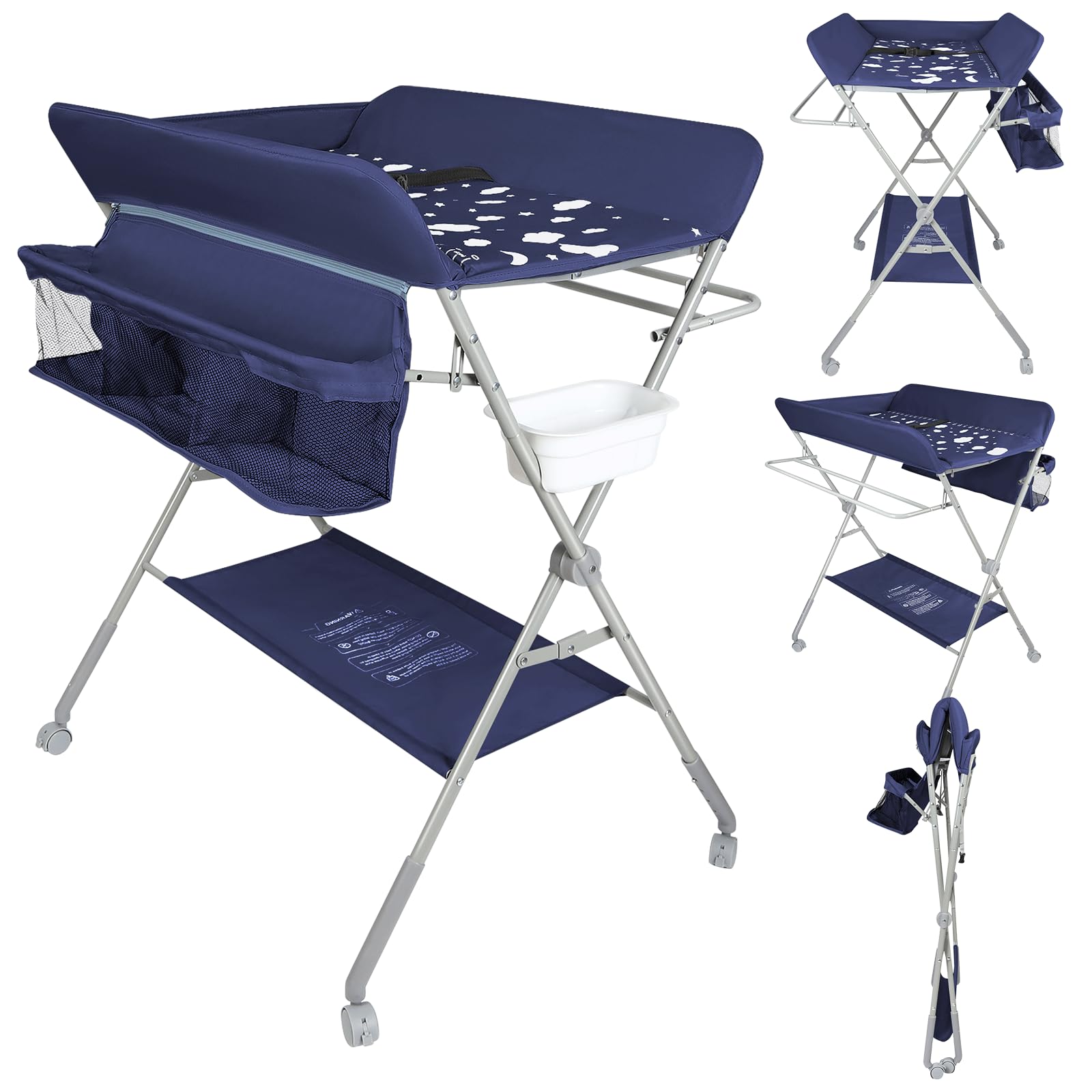 Table à Langer Pliante avec Panier de Rangement à Côté Structure en Fer Charge Max 25KG pour Nouveaux-Nés Design Ergonomique, De la naissance à 12 mois 80 * 58 * 90 cm-bleu marine