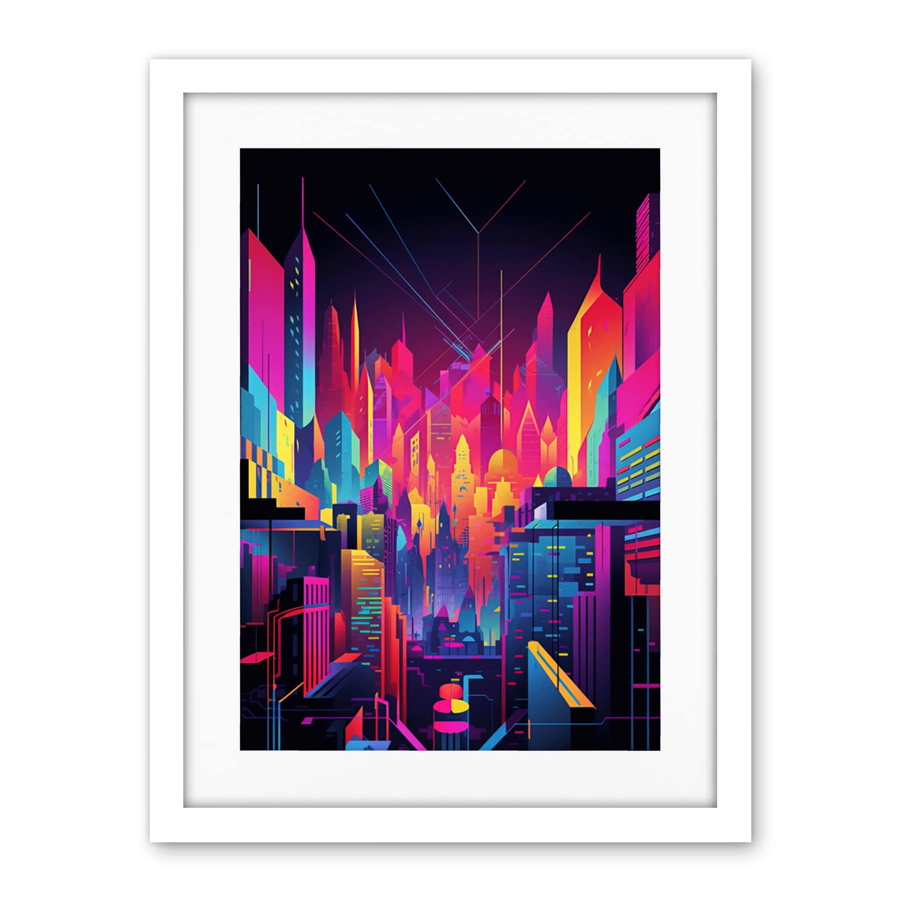 Artery8 Neon Light Colour Abstract Metropolis Cityscape at Night Modern Artwork Artwork Framed Wall Art Print 18X24 Inch