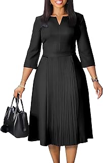 Elegant Church Dresses for Women 2025 3/4 Sleeve Vintage Ruffle A-line Pleated Dress V