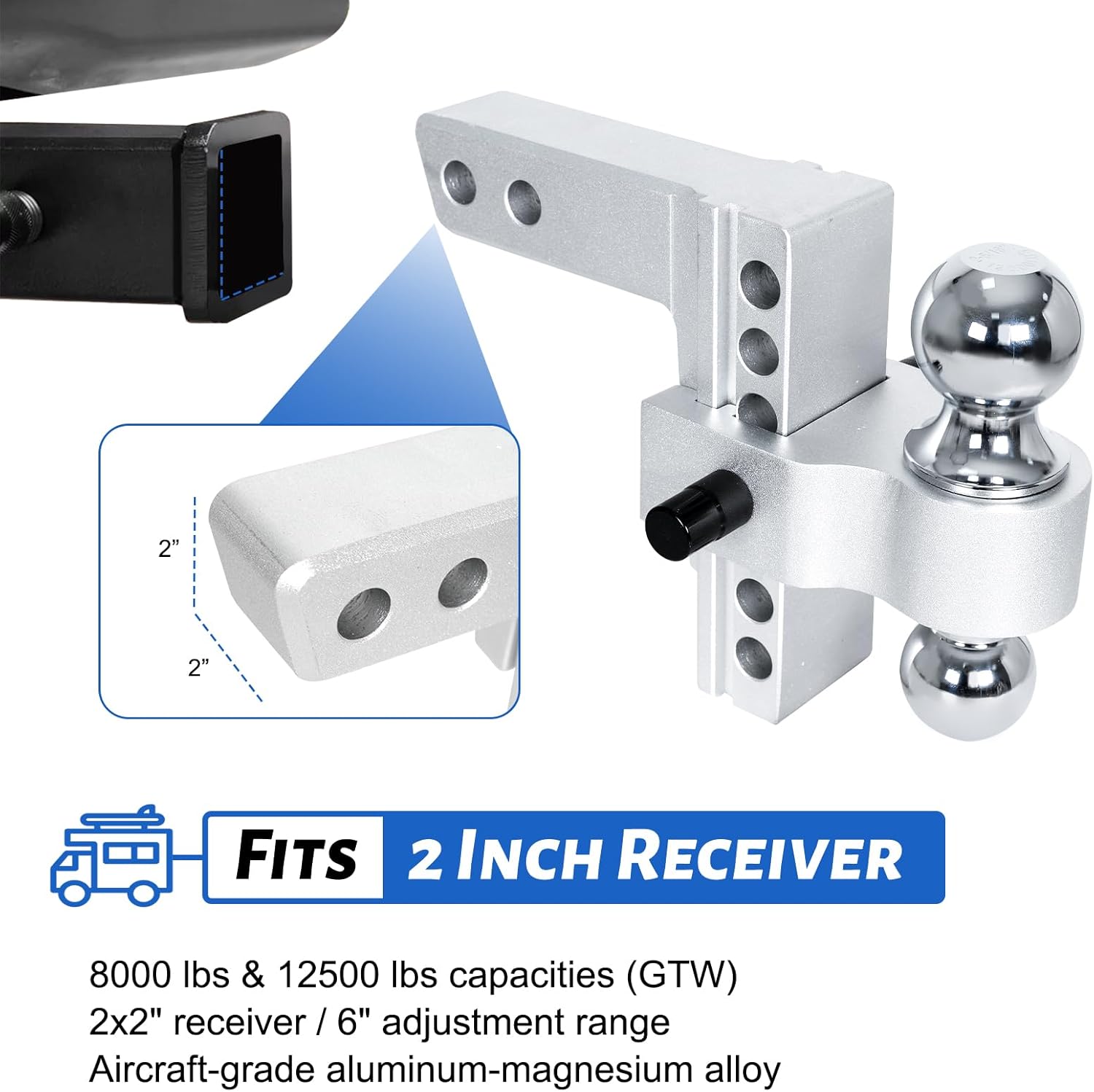 Adjustable Trailer Hitch - 6 Inch Drop Hitch (Fits 2-Inch Receiver), 12500 LBS GTW Aluminum Tow Hitches with (2" & 2-5/16") Chrome Plated Steels Balls and Two Anti-Theft Pins Locks