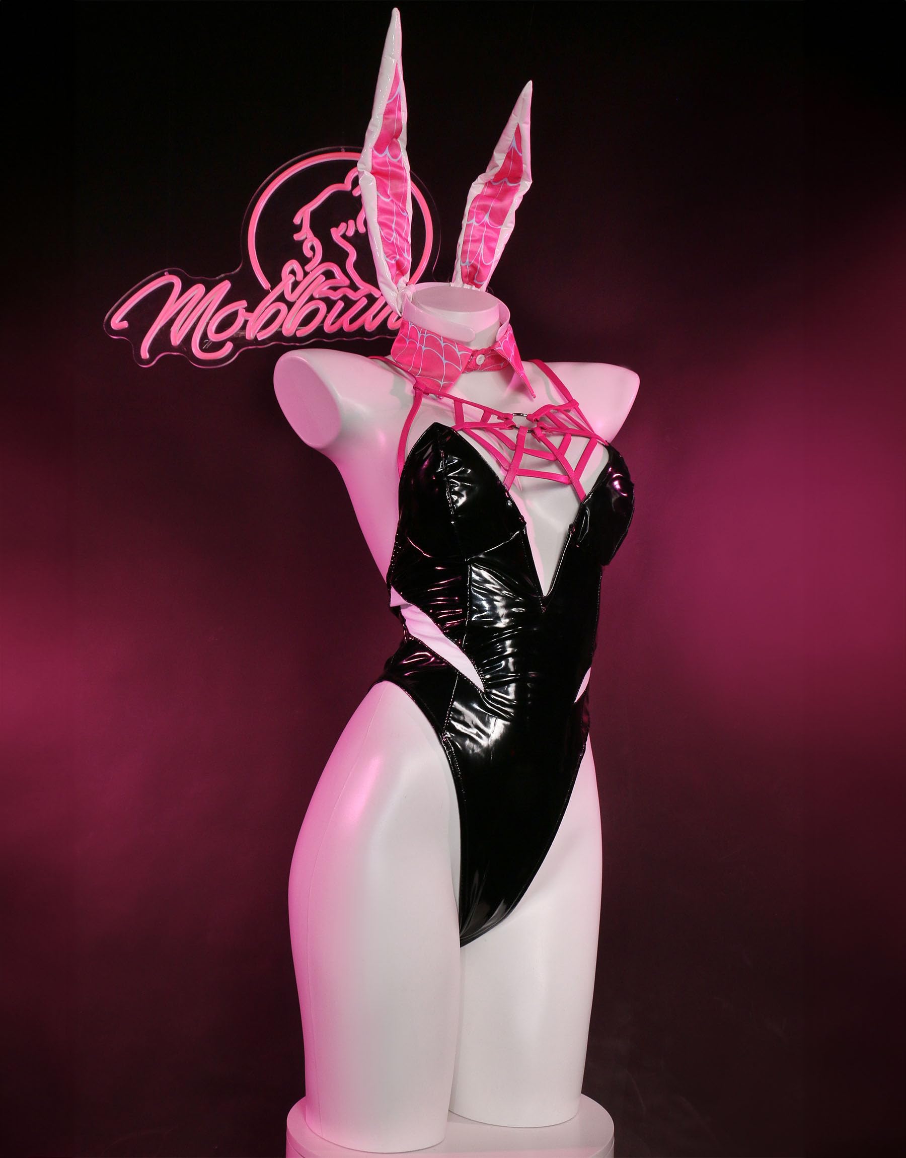 Mobbunny Anime Cosplay Lingerie Black Bunny Girl Bodysuit Halter Spiderweb Bodycon PU Leather Outfit Halloween