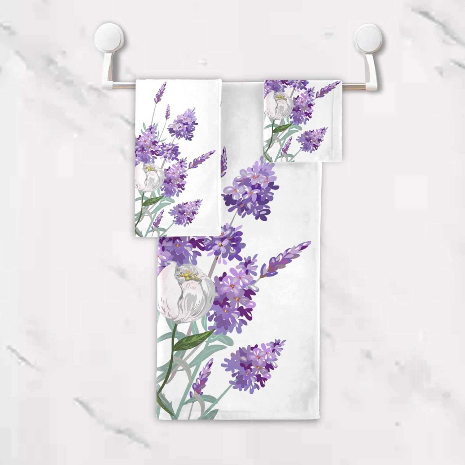 Naanle 3-Piece Towel Set,Purple Lavender White Peony Flower Nature Floral Bath Towel Sets, 1 Bath Towel, 1 Hand Towel, 1 Washcloth, Absorbent Soft Towels Quick Drying for Bathroom