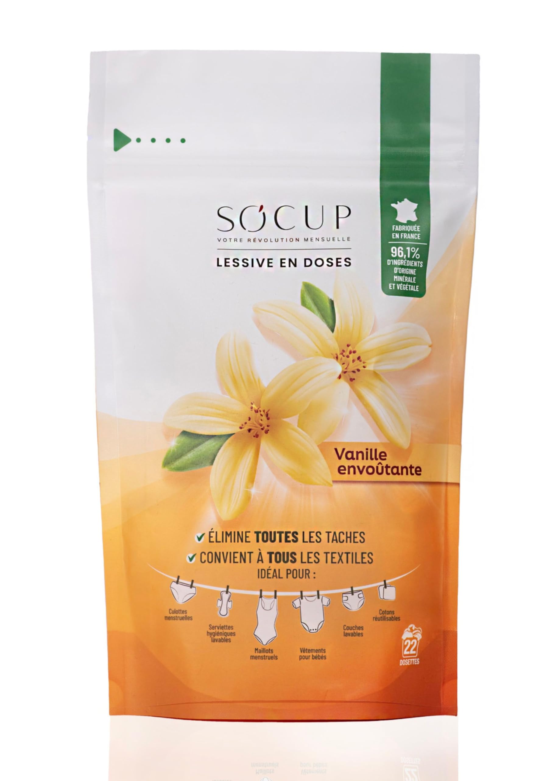 Lessive en Doses pour Culottes Menstruelles, Maillot de Bain Menstruel, Serviettes Hygiéniques et Couches Lavables｜ Vanille Envoûtante ｜ 96% d'origine minérale et végétale