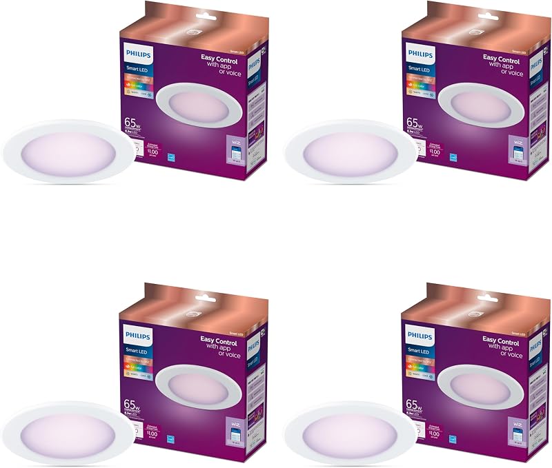 Smart 5-6 Inch Retrofit Recessed Downlight 4-Pack, 750 Lumens, LED Color Changing Lights, Connects to Wi-Fi, Control with Voice or App, Powered by WiZ Connected