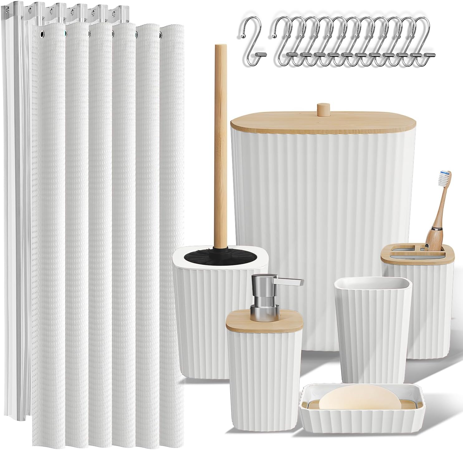 Clara Clark Bathroom Accessories Set - Bathroom Set, 20PC Bathroom Accessory Set, White Shower Curtain Set, Toilet Brush, Trash Can & Soap Dispenser